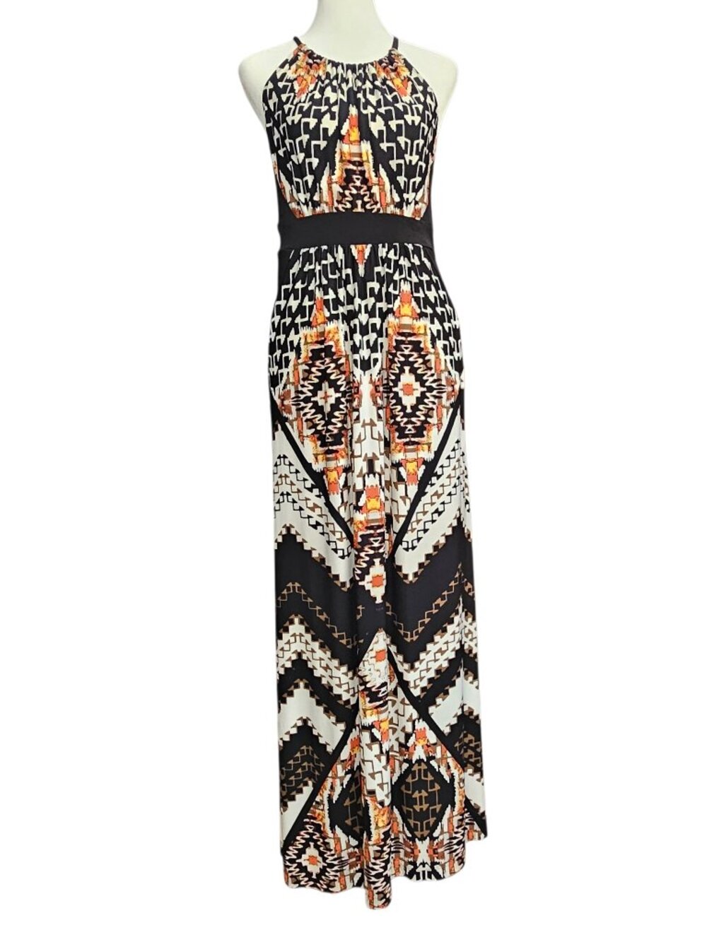 Chico's SZ 1 Medium Halter Maxi Sundress Black Orange Geometric Aztec Resort